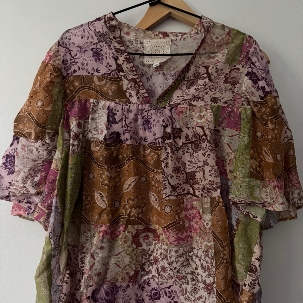 Johnny Was Patchwork Floral Blouse in Lavender, Olive & Mustard